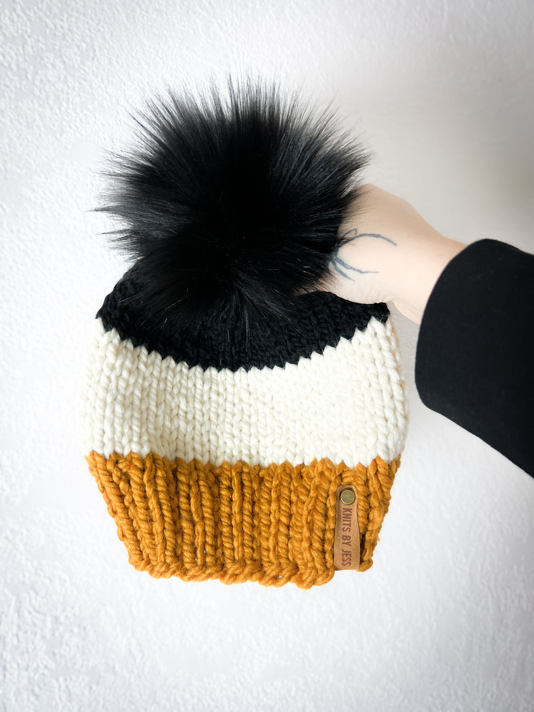 Color Block Beanie - Adult - Faux Fur Pom