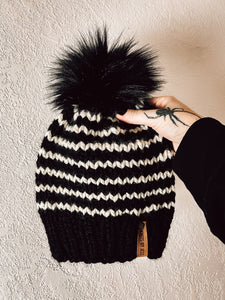 Striped Beanie - Adult - Faux Fur Pom